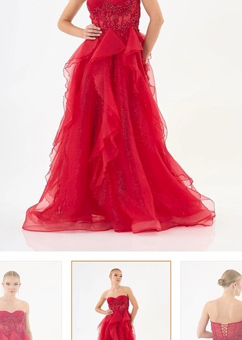 Kırmızı Drapeli Uzun Straplez Abiye - Görsel 2