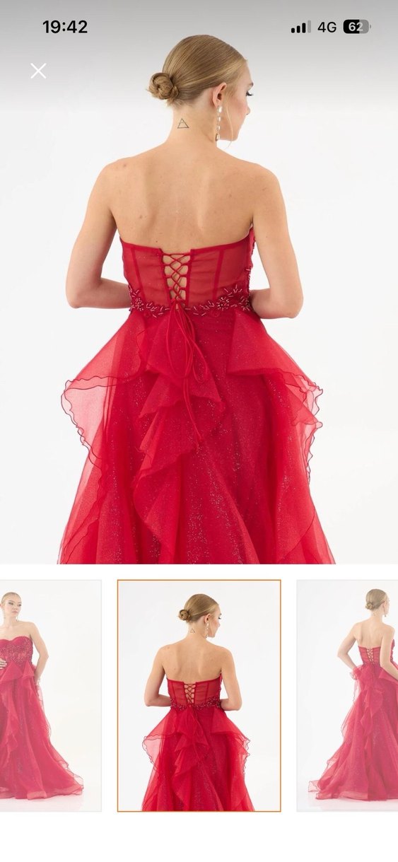 Kırmızı Drapeli Uzun Straplez Abiye - Görsel 4