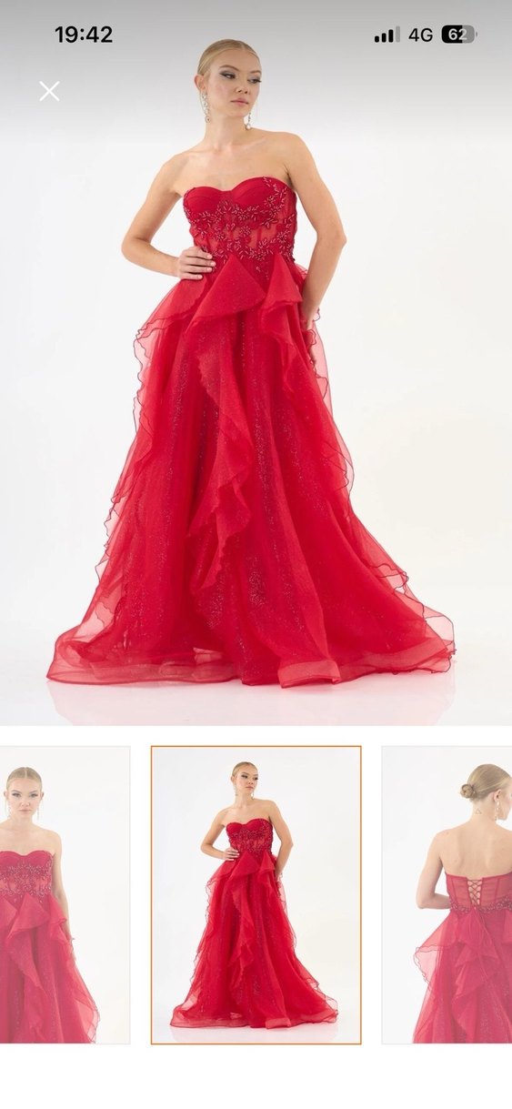 Kırmızı Drapeli Uzun Straplez Abiye - Görsel 2