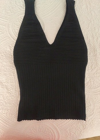 V Yaka Siyah Örgü Mini Kadın Atlet - Görsel 5