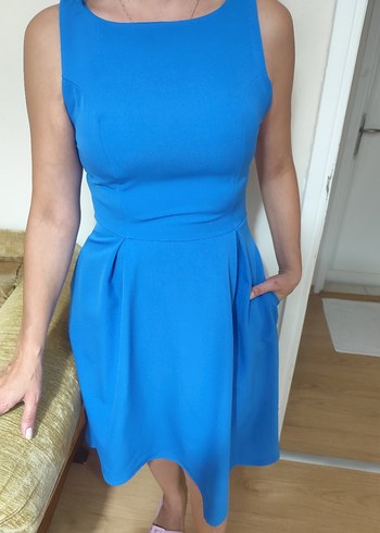 Mavi Midi Kolsuz Pilili Kadın Elbise - Görsel 2