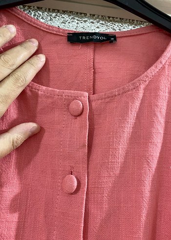 Pembe Keten Uzun Düğmeli Kadın Tulum - Görsel 2