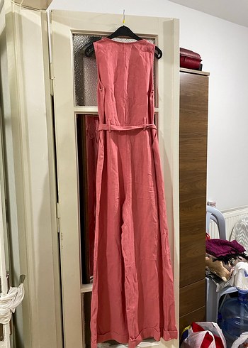 Pembe Keten Uzun Düğmeli Kadın Tulum - Görsel 3