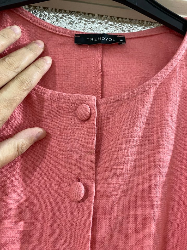 Pembe Keten Uzun Düğmeli Kadın Tulum - Görsel 2
