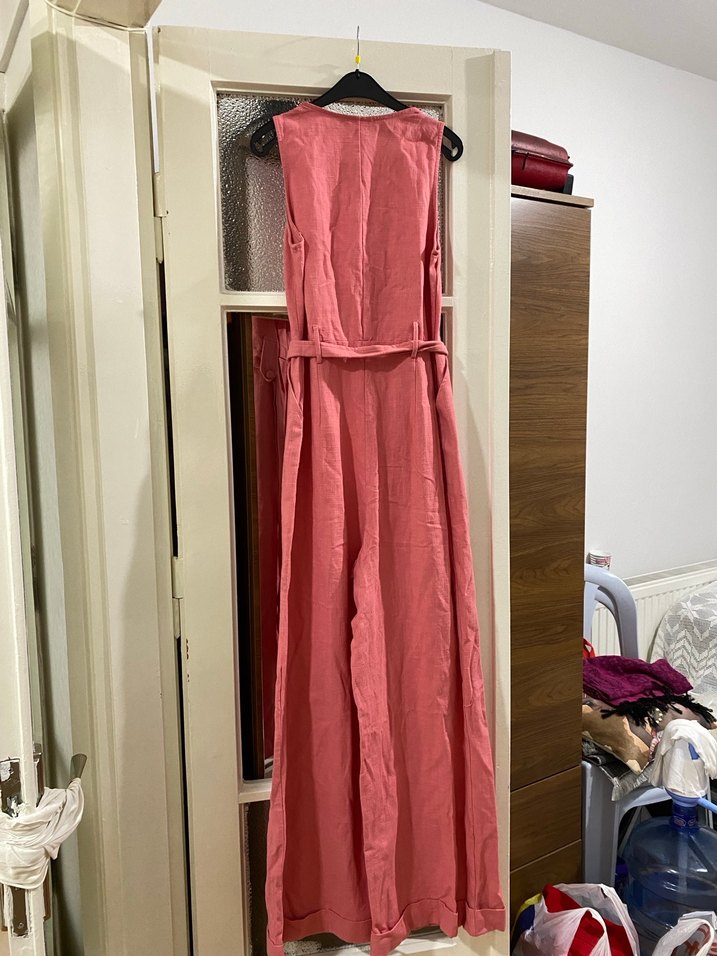 Pembe Keten Uzun Düğmeli Kadın Tulum - Görsel 3