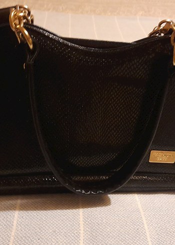 Klasik Siyah Parlak Yılan Desenli Deri Çanta - Görsel 2