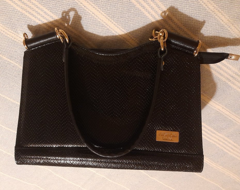 Klasik Siyah Parlak Yılan Desenli Deri Çanta - Görsel 3