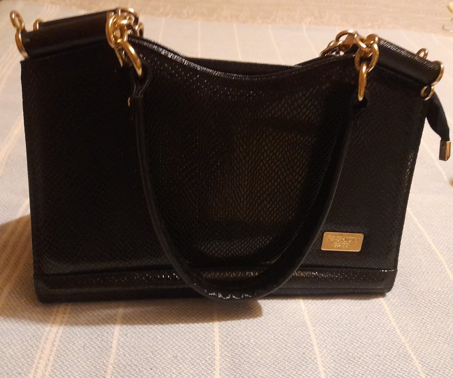 Klasik Siyah Parlak Yılan Desenli Deri Çanta - Görsel 2