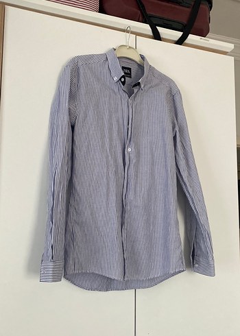 Zara Mavi çizgili Keten Uzun Kollu Gömlek