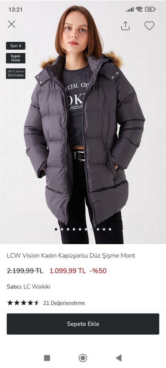 Gri Kadın Peluş Detaylı Kış Montu 2 defa giyildi genış kalıp - Görsel 2