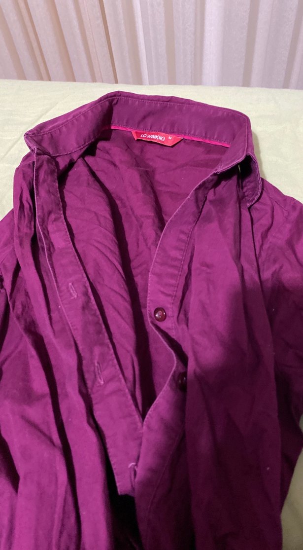 Mor Düğmeli Keten Kadın Gömlek - Görsel 2