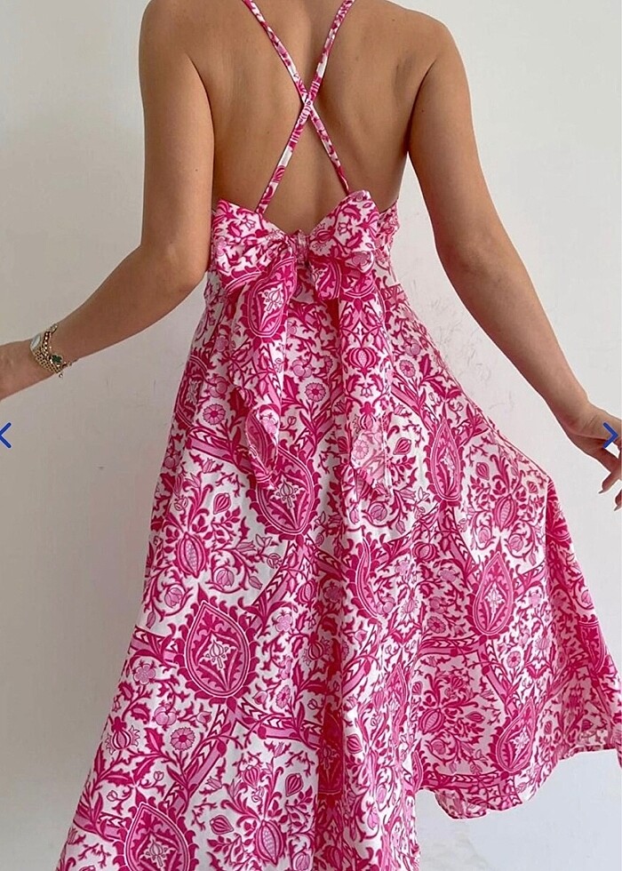 Pembe Desenli Dekolteli Midi Boy Elbise - Görsel 3