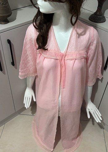 Pembe Vintage Uzun Kollu Kadın Sabahlık - Görsel 2
