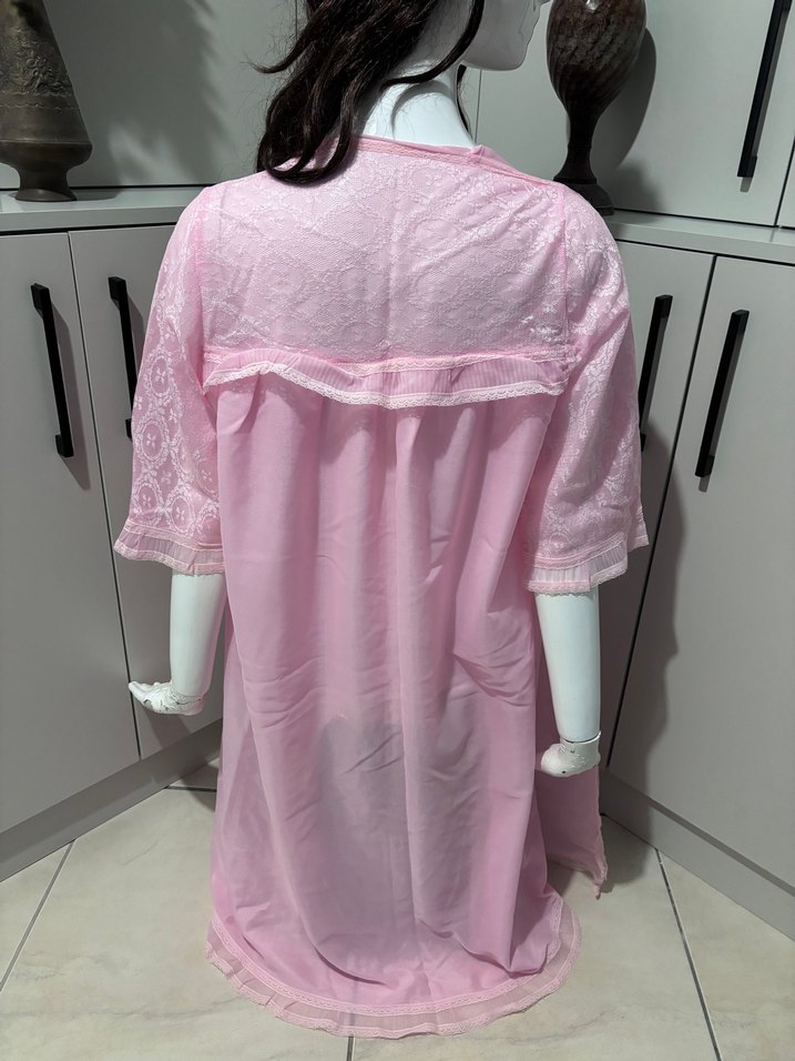 Pembe Vintage Uzun Kollu Kadın Sabahlık - Görsel 4