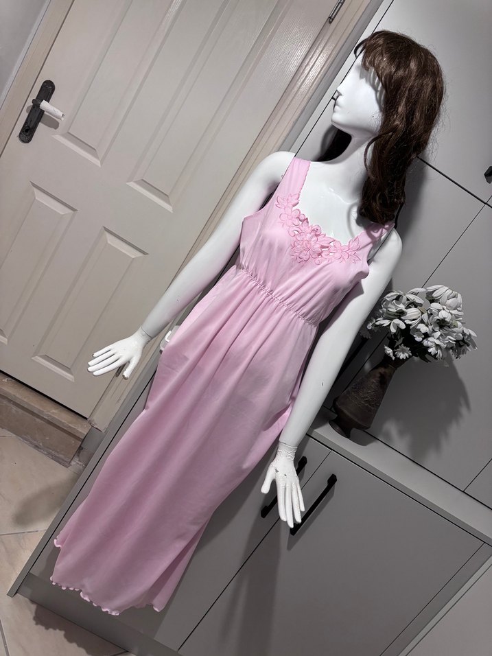 Nakışlı Vintage Pembe Midi Kadın Pijama - Görsel 2