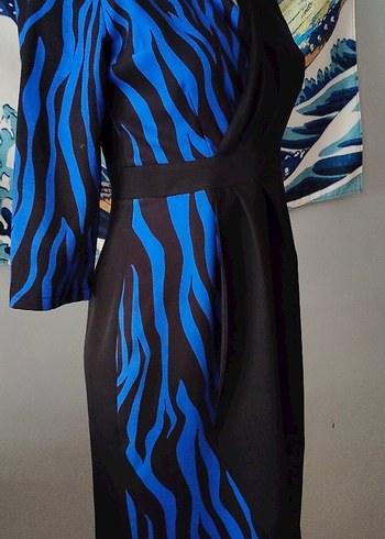 Diğer Mavi Zebra Desenli Uzun Kollu Kalem Elbise