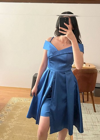 Mavi Drapeli Straplez Abiye Elbise - Görsel 2