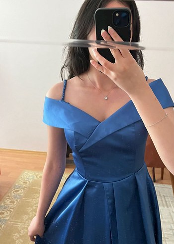 Mavi Drapeli Straplez Abiye Elbise - Görsel 3