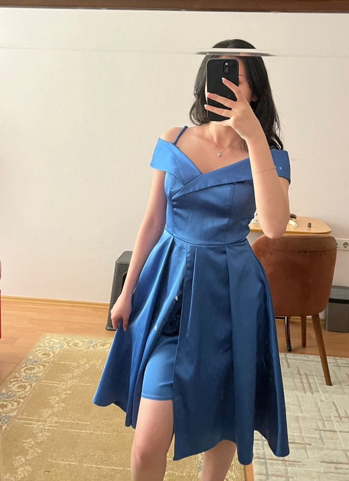 Mavi Drapeli Straplez Abiye Elbise - Görsel 2