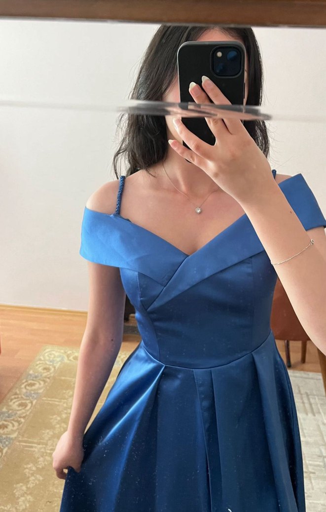 Mavi Drapeli Straplez Abiye Elbise - Görsel 3