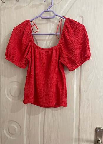 Kırmızı V Yaka Kısa Kollu Örgü Bluz - Görsel 2