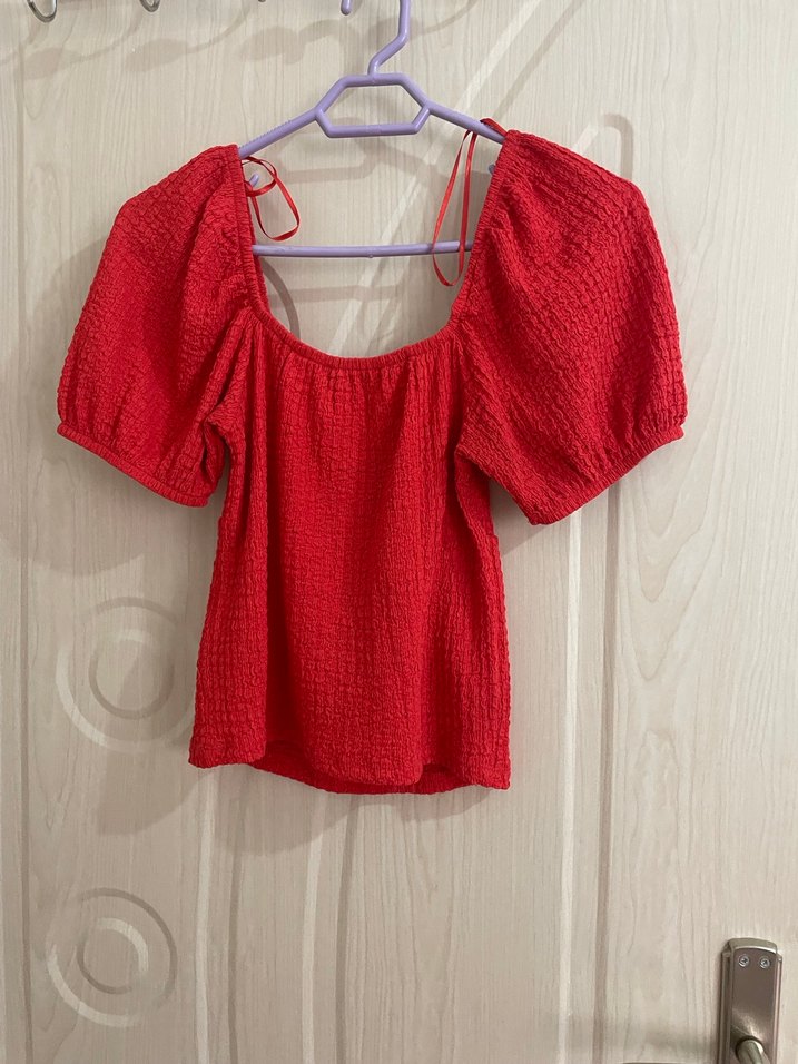 Kırmızı V Yaka Kısa Kollu Örgü Bluz - Görsel 2