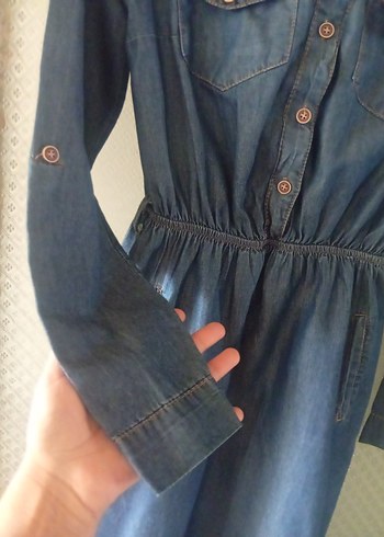 Düğmeli V Yaka Uzun Kollu Kot Elbise - Görsel 3