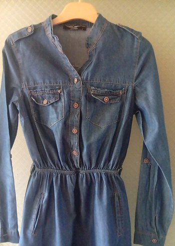 Düğmeli V Yaka Uzun Kollu Kot Elbise - Görsel 2