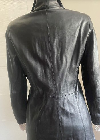 Kadın Siyah Deri Uzun Ceket - Görsel 5