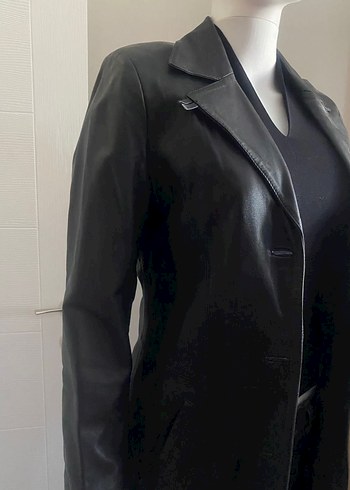 Kadın Siyah Deri Uzun Ceket - Görsel 3