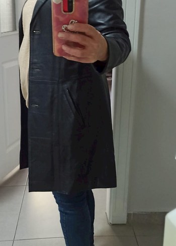 Kadın Siyah Deri Uzun Ceket - Görsel 6