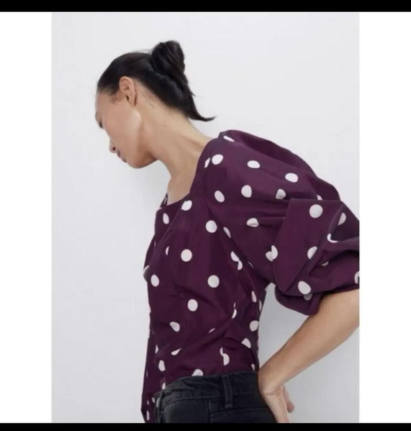 Mor Puantiyeli Kısa Kadın Bluz - Görsel 4