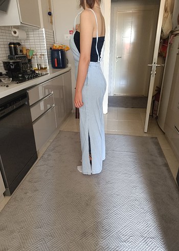 Gri Straplez Uzun Denim Tulum oversize m beden olur - Görsel 5