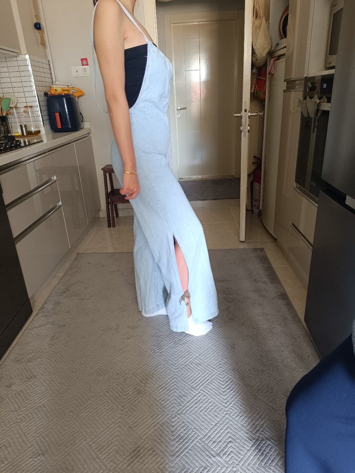 Gri Straplez Uzun Denim Tulum oversize m beden olur - Görsel 3