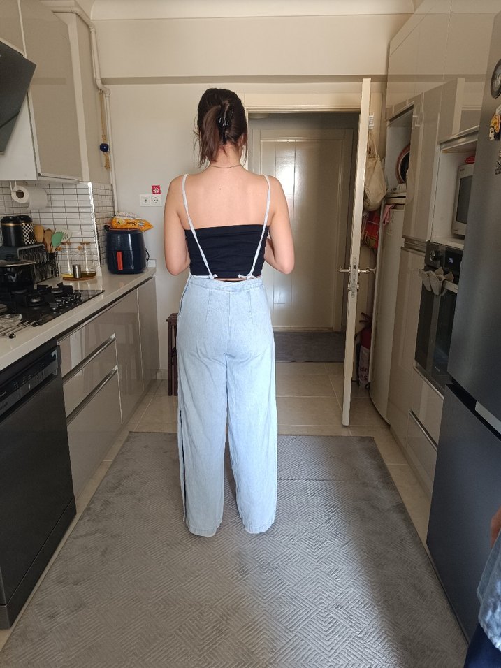 Gri Straplez Uzun Denim Tulum oversize m beden olur - Görsel 4