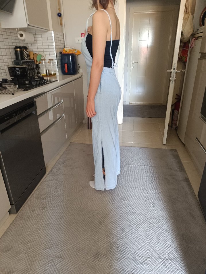 Gri Straplez Uzun Denim Tulum oversize m beden olur - Görsel 5