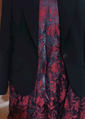 Bordo Desenli Uzun Kadın Blazer Ceket etek takım