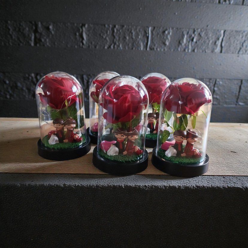 Işıklı Pembe Gül ve Figürlü Dekoratif Fanus - Görsel 2