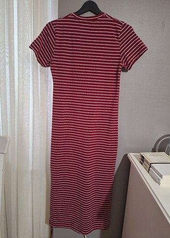 Bordo Çizgili Kısa Kollu Uzun Elbise