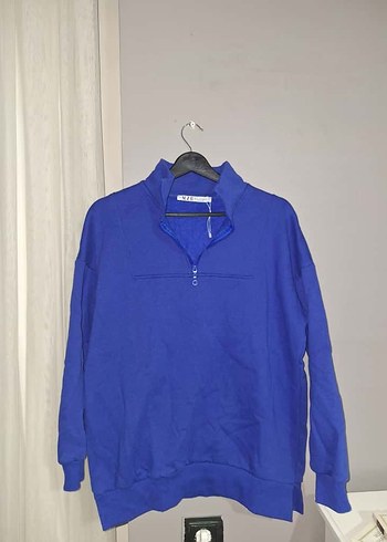 Kadın Mavi Yarım Fermuarlı Sweatshirt