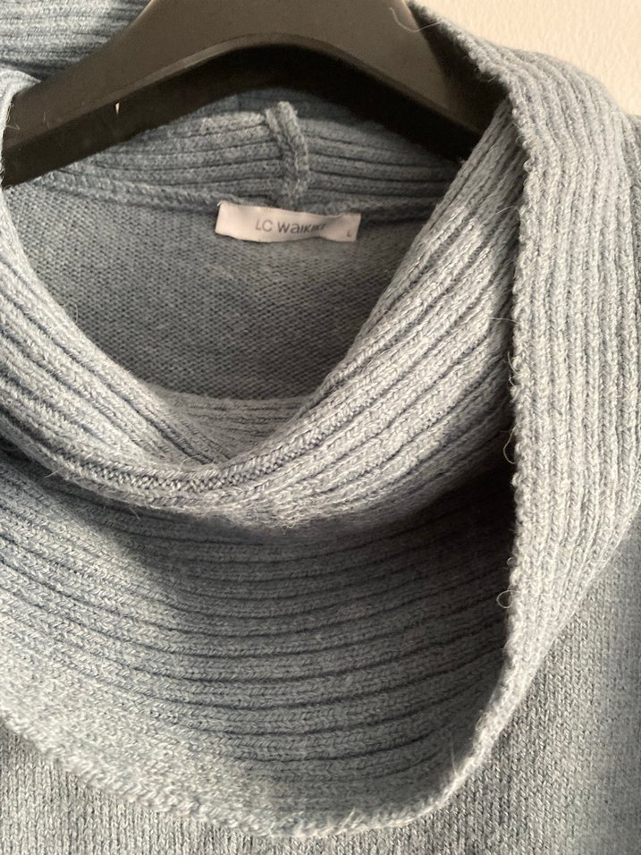 Açık mavi Yüksek Yakalı Örgü Kadın Kazak - Görsel 4