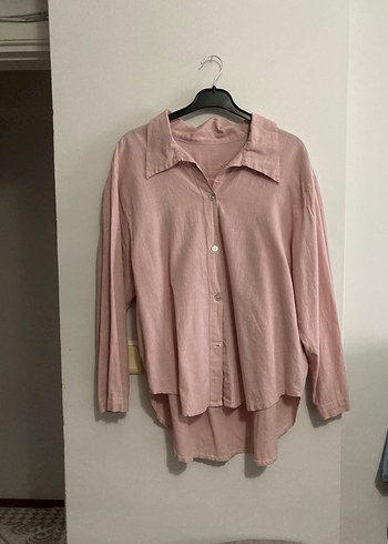 Pembe Keten Uzun Kollu Rahat Gömlek - Görsel 3