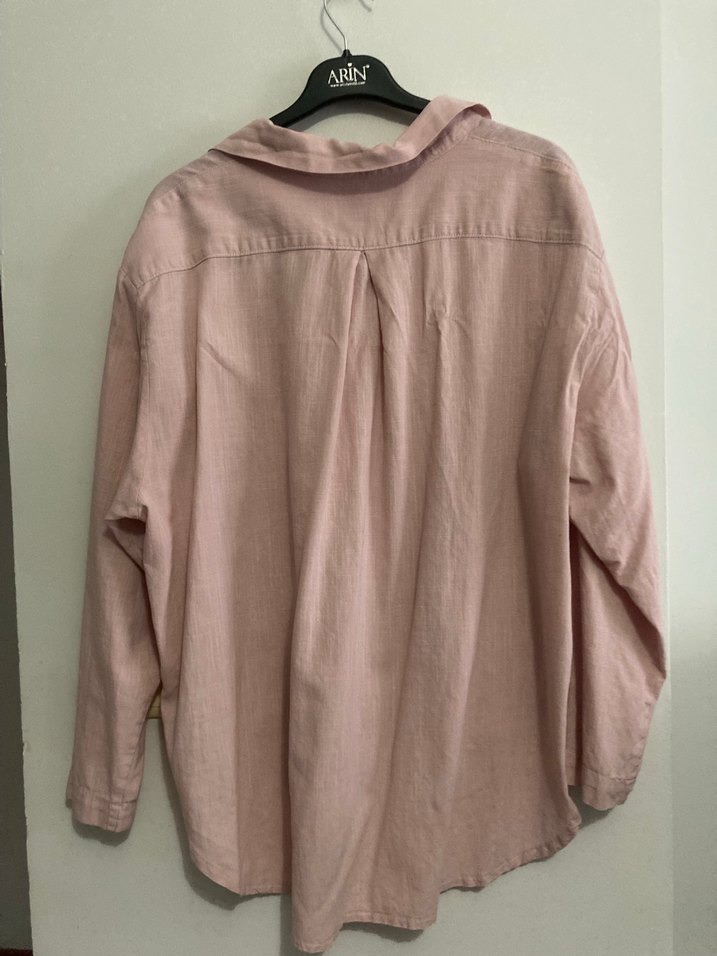 Pembe Keten Uzun Kollu Rahat Gömlek - Görsel 4