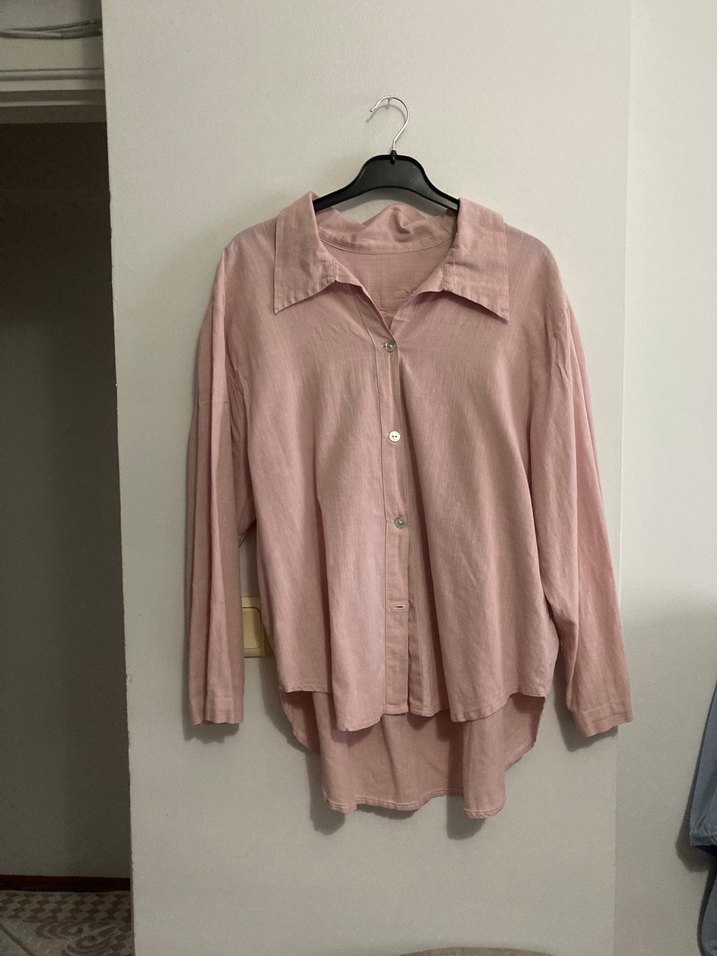 Pembe Keten Uzun Kollu Rahat Gömlek - Görsel 3
