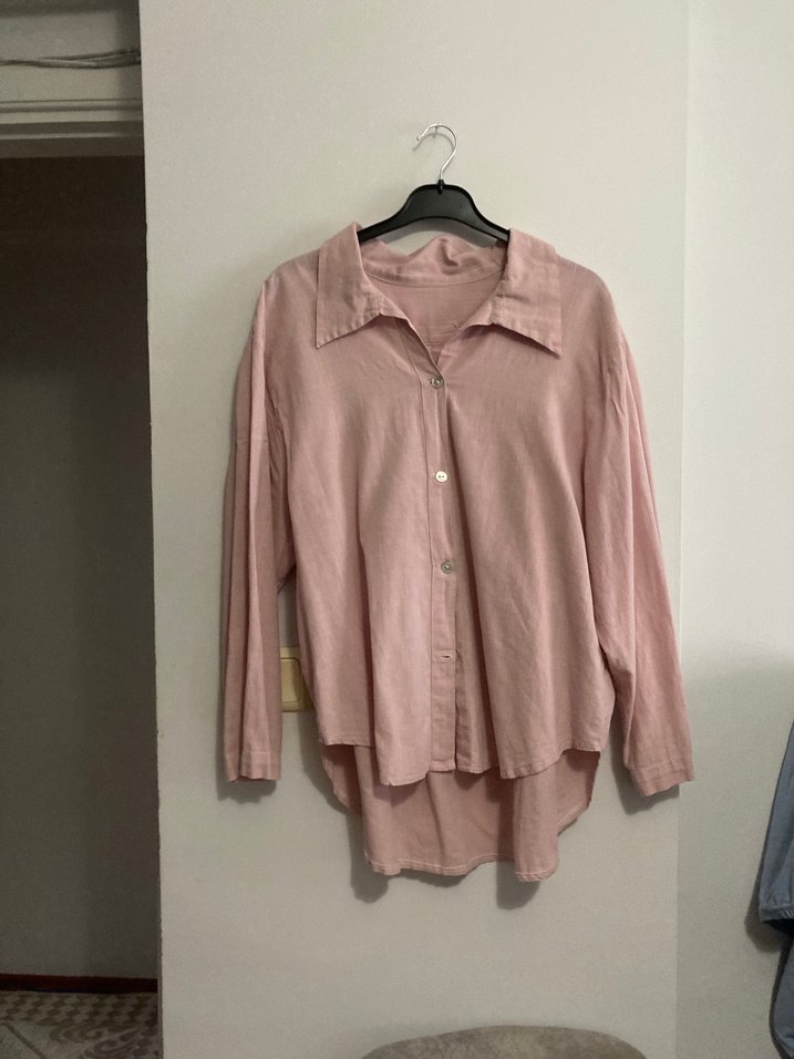 Pembe Keten Uzun Kollu Rahat Gömlek - Görsel 2