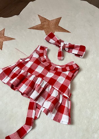 Kırmızı Kareli Kız Çocuk Askılı Bluz bandana