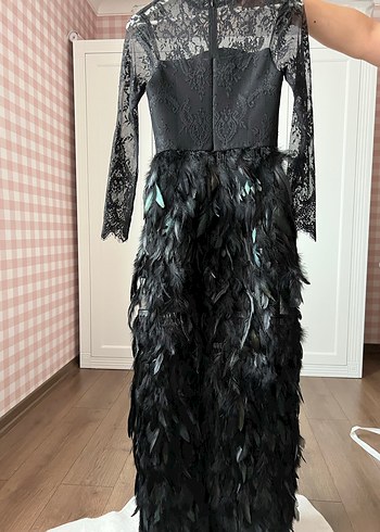 Özel dikim Siyah Dantel ve Tüy Detaylı Uzun Abiye Elbise - Görsel 4