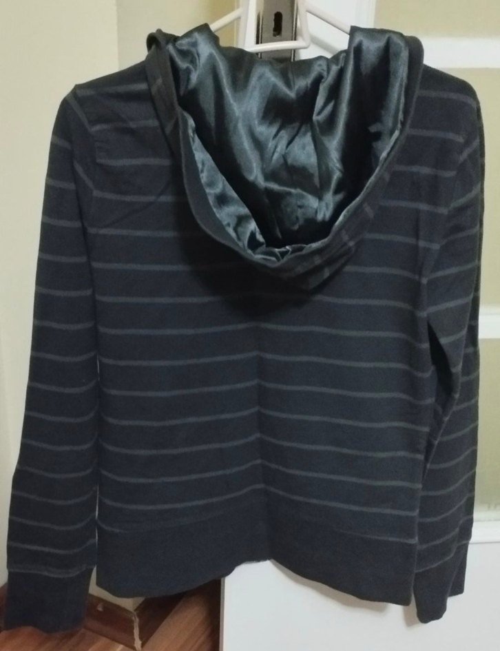 Gri Uzun Kollu Kapüşonlu Kadın Ceket sweat hırka - Görsel 2