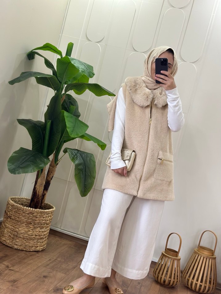 Kürk yaka detaylı yelek - Görsel 2