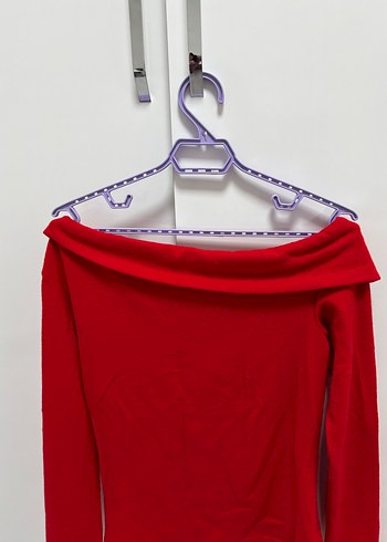 Kırmızı Uzun Kollu Kayık Yaka Kadın Kazak - Görsel 3